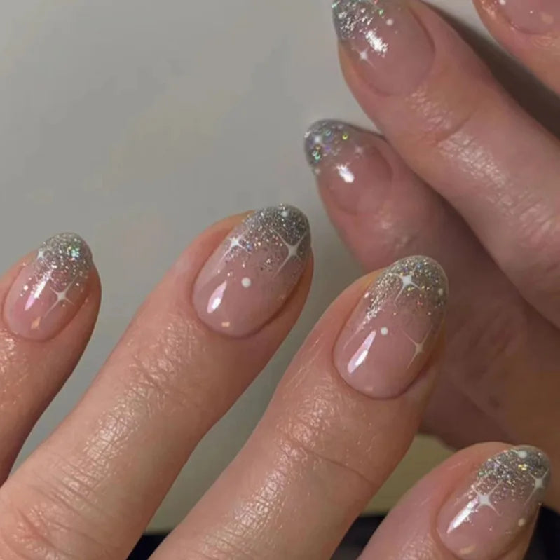 24Pcs Glitter Blue French False Nails Press on Short Round Head Fake Nail with Moon Star Design Artifical Almond Manicure Tips
