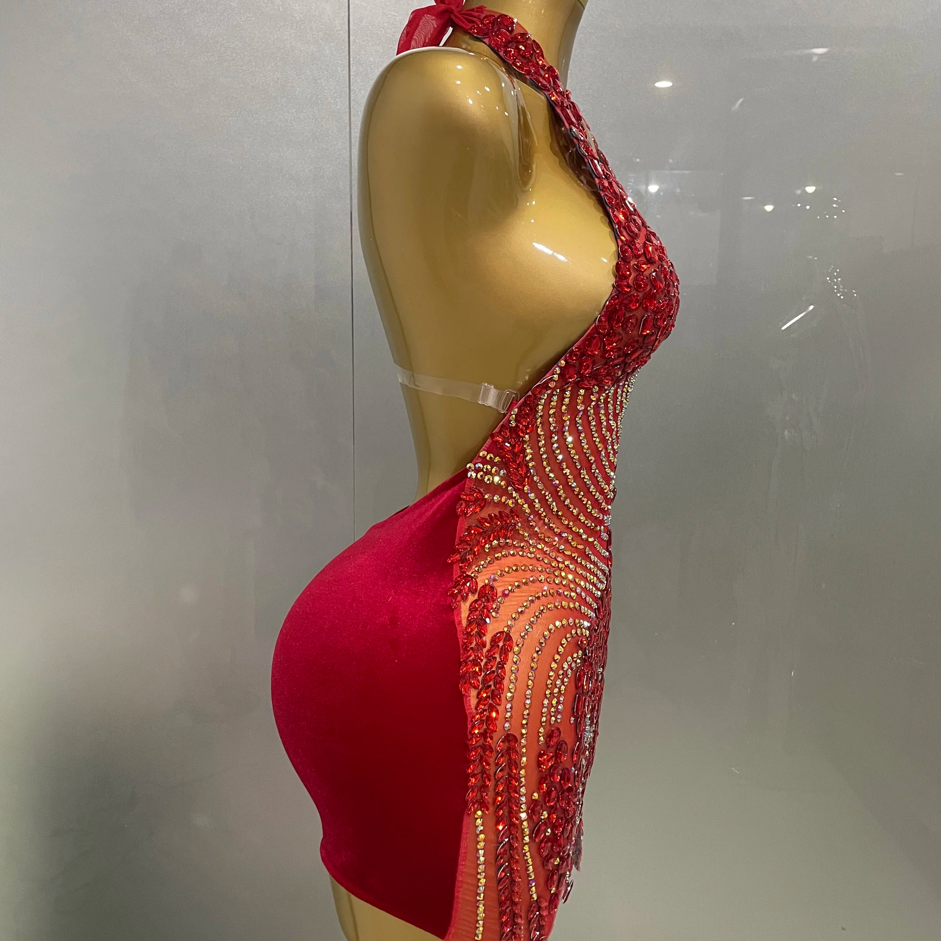 Sexy Red Sparkly Rhinestones Halter Backless Velour Short Dress 2025 New Women Evening Prom Celebrate Birthday Party Stage Wear