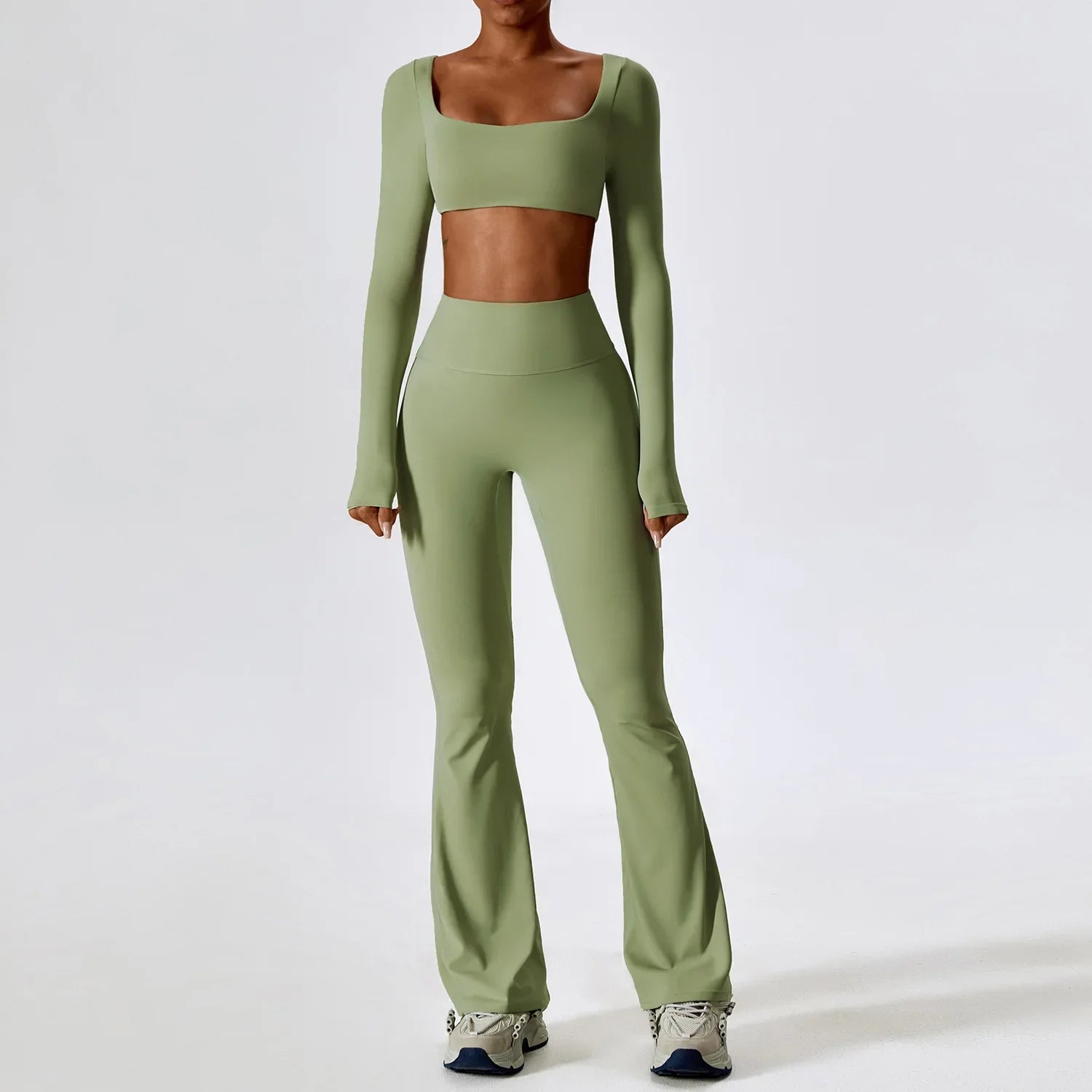 Yoga Set 2PCS Seamless Women Sportswear Workout Clothes Athletic Wear Gym Legging Fitness Bra Crop Top Long Sleeve Sports Suits Bean Green Set-3 CHINA