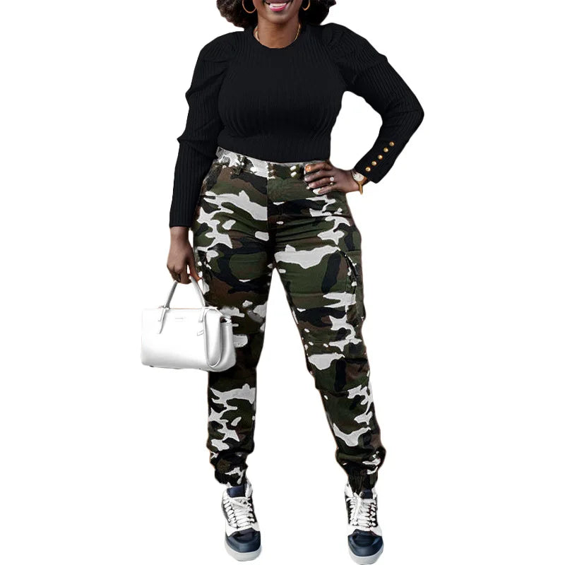 CM.YAYA Women’s Camouflage Printed Slim Cargo Pants 2024 Spring/Summer Pocket Jogger Street Fashion Safari Trousers