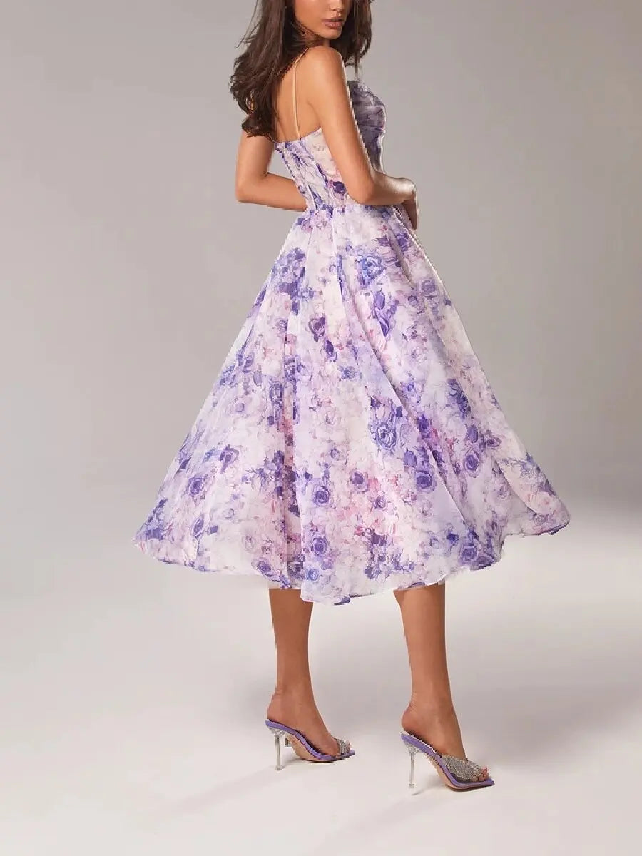 Bridal Luxury Evening Dresse Slim Fit Slash Neck A-LINE Sleeveless Ankle-Length Print Sling Chiffon Dress Women