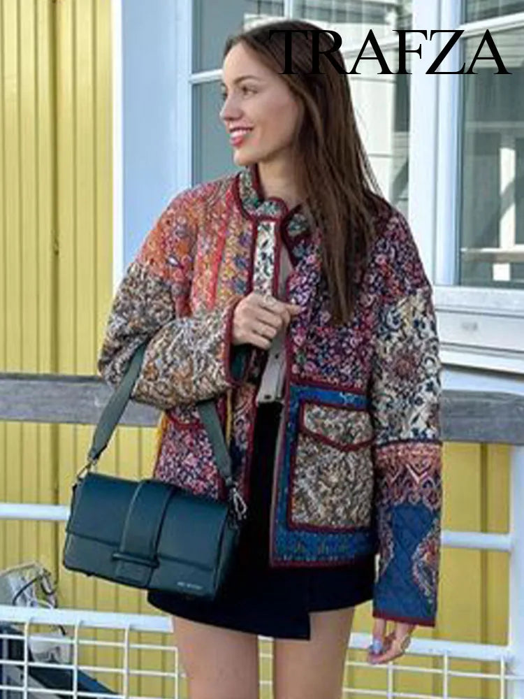 Floral Printed Cotton Jacket For Women Long Sleeve Patchwork Pocket Contrasting Colors Button Ethnic Causal Coat