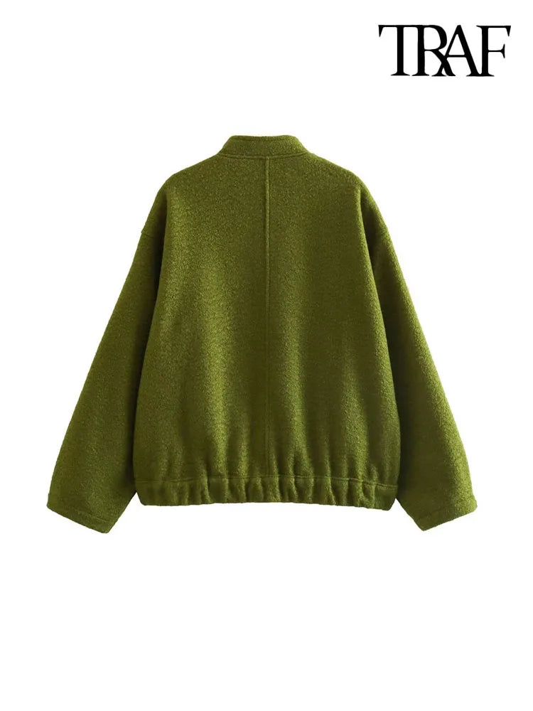 Women Fashion With Pockets Oversized Bomber Jacket Coat Vintage Long Sleeve Snap Button Female Outerwear Chic Tops