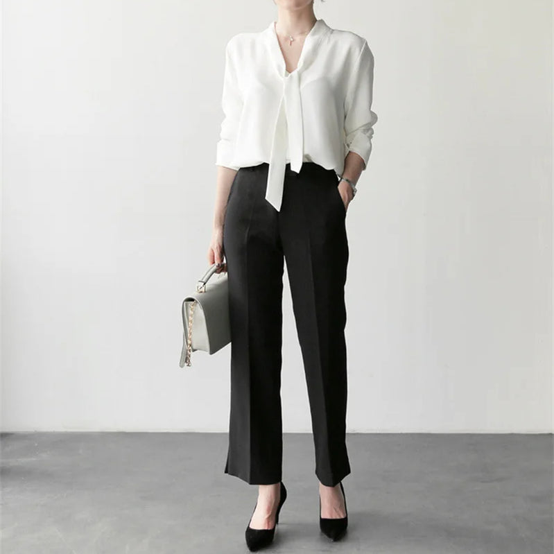 한국인 리뷰 많은 옷 Women Blouse Shirts Korean Fashion Office Autumn Long Sleeve Tie Bow Chiffon Turtleneck Formal Shirts