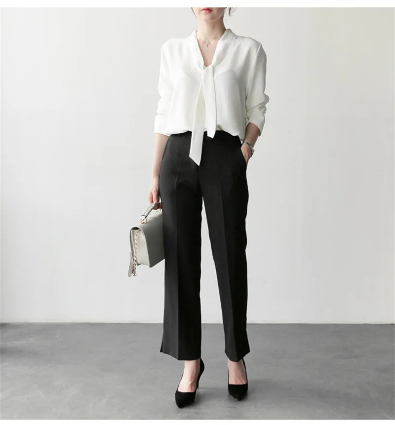 한국인 리뷰 많은 옷 Women Blouse Shirts Korean Fashion Office Autumn Long Sleeve Tie Bow Chiffon Turtleneck Formal Shirts