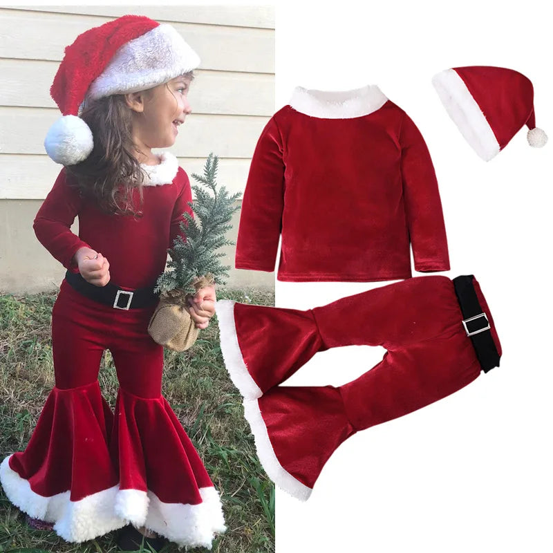 Kids Christmas Costumes Santa Claus Cosplay Clothes Boys and Girls New Years Red Xmas Clothes Christmas Eve Party Clothings 3PCS Christmas Set F