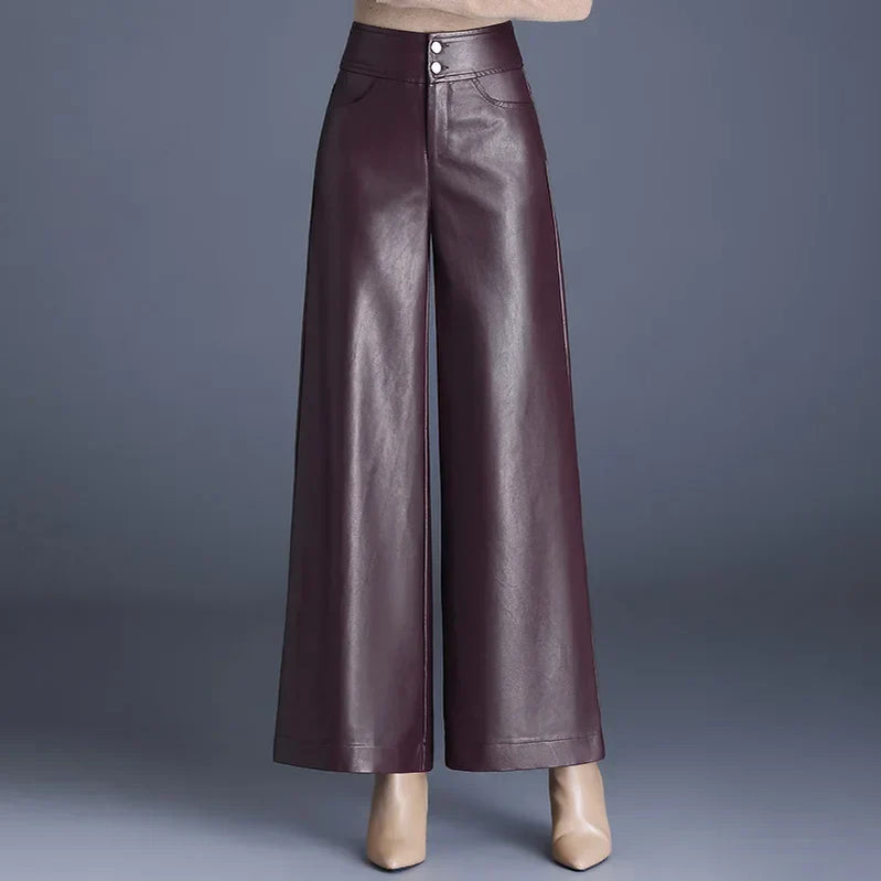 ZUZK High Quality Women PU Leather Wed Leg Pants Autumn Winter Fashion Warm Long Leather Pants Elegant LeatherTrousers Angola Red