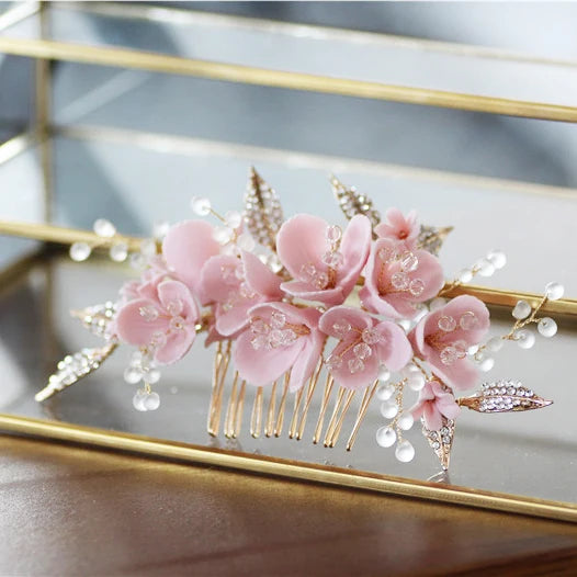 Pink Flower Bridal Hair Comb Rhinestone Leaf Headpiece Wedding Hair Jewelry Handmade Women Accessories