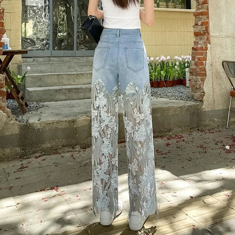 Pants for Woman and Capris Straight Leg with Rhinestones Transparent Women's Jeans Lace Grunge Y2k Spring Pant Vintage Trousers