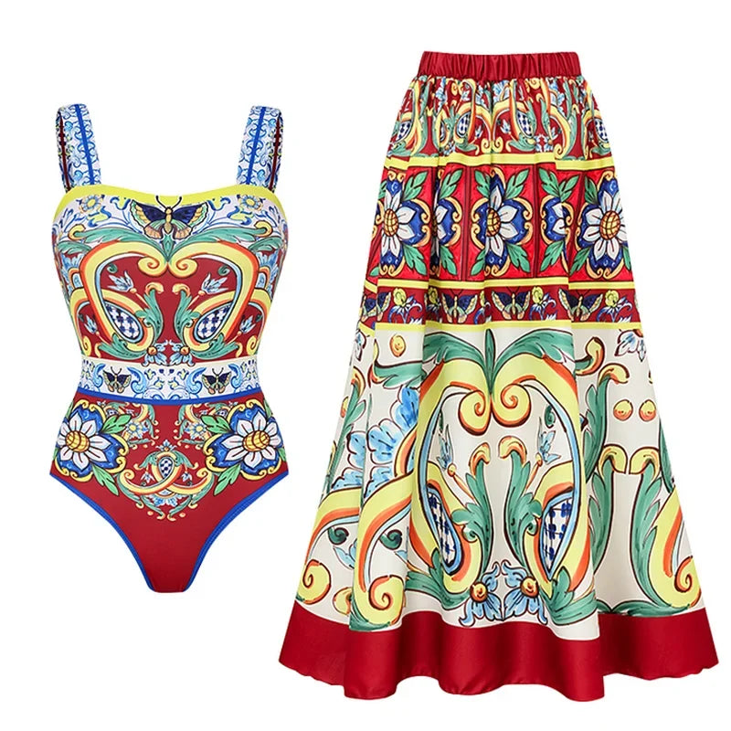luxury One piece Women's swimsuit Summer vacation outfits Swimwear Beachwear bathing suit bikini sets two piece swimsuit and skirt 2