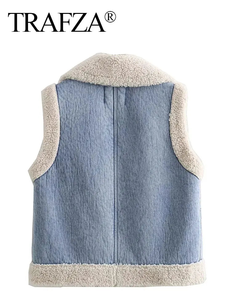 Women Faux Sheepskin Fur Waistcoat Autumn Winter Chic Lady Denim Vest Woman Sleeveless V Neck Jacket Waistcoats