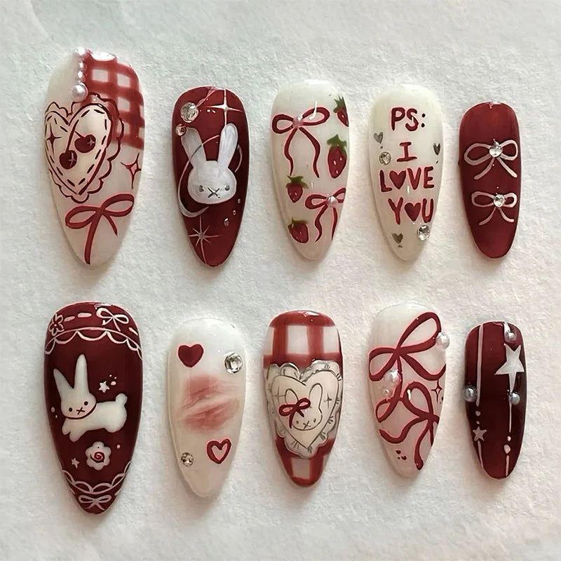 24pcs Bow Cartoon Rabbit Press on Nails Almond French Fake Nails Full Cover Wearable False Nails