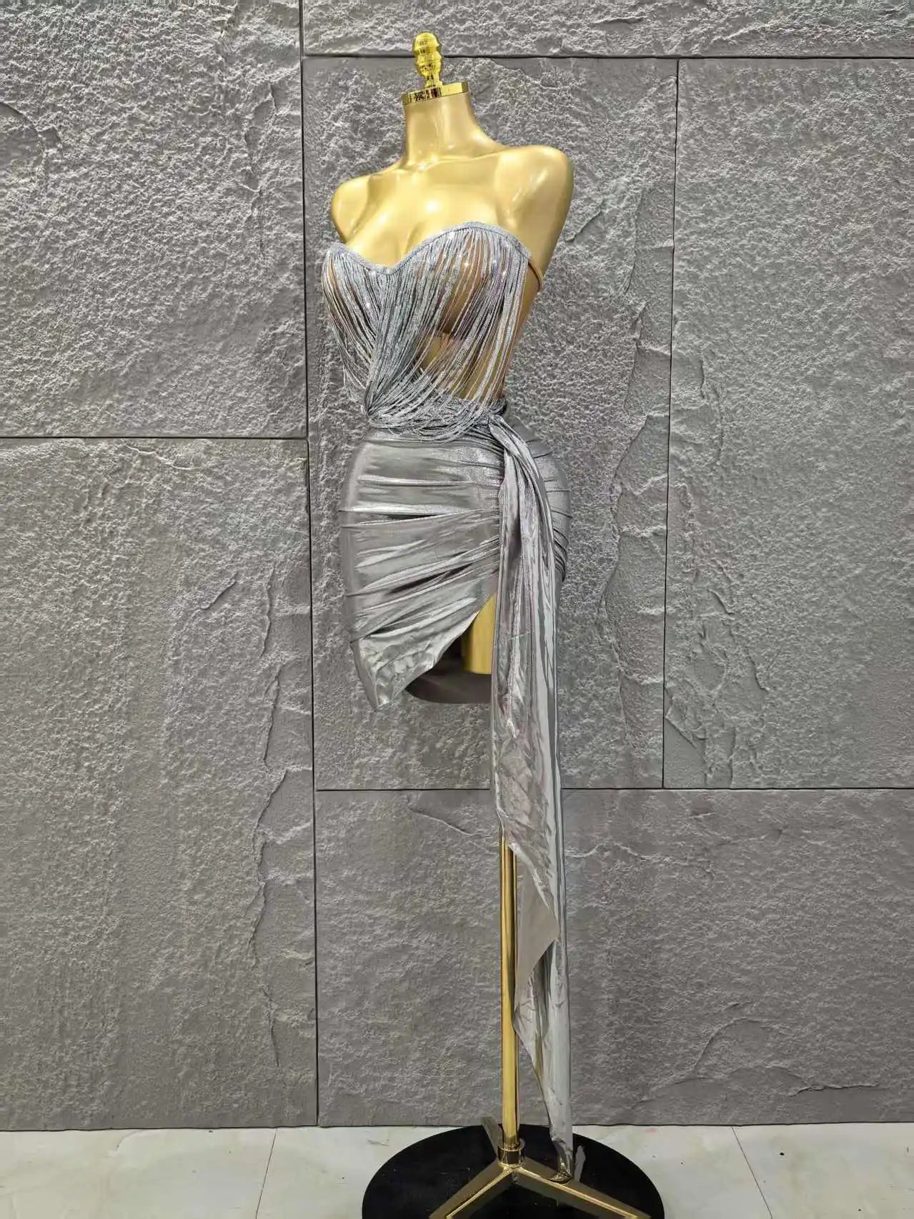 Silver Color Women Sexy Strapless Tassels 2 Pieces Bodycon Mini Dress Nightclub Party Bar Singer Celebrate Performance Costume