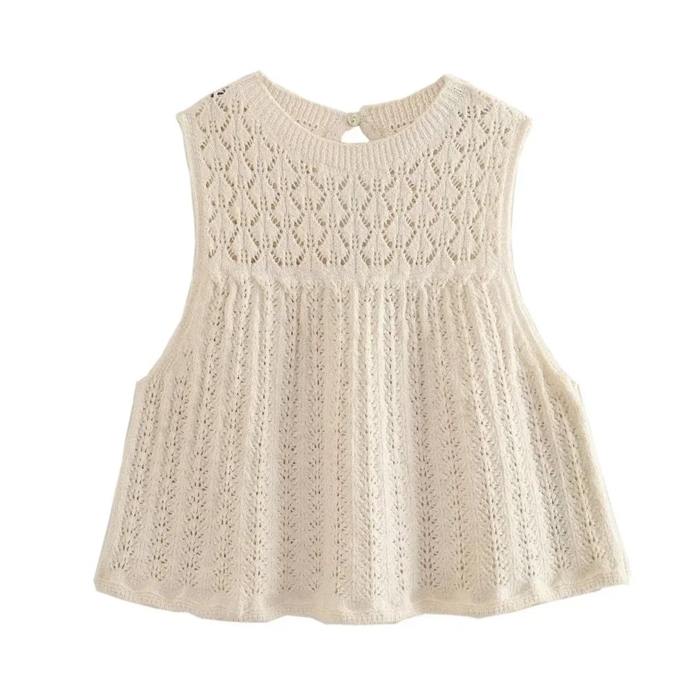 UNIZERA Autumn New Product Women's Fashion Jacquard Hollow out Knitted Top Mini Short Skirt Set Off white