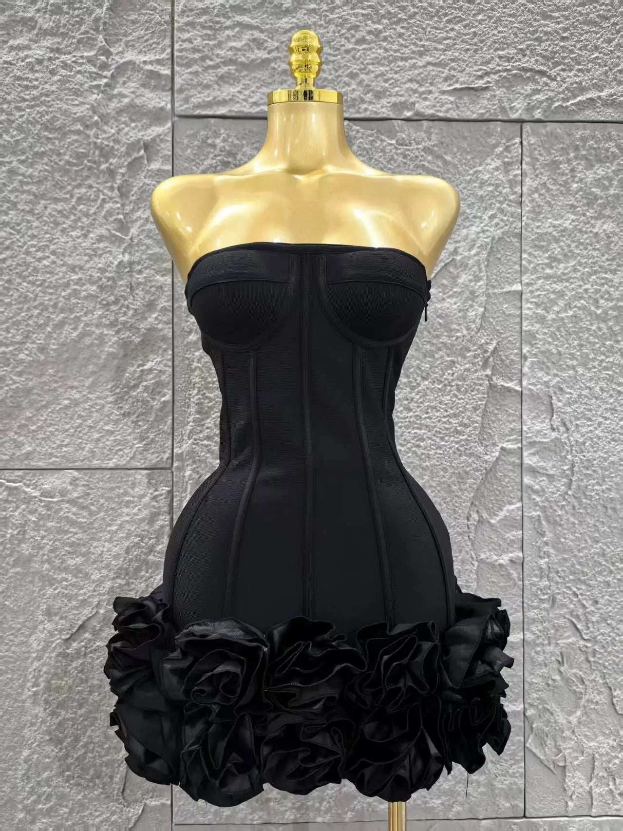 Vestido de festa feminino preto, sexy, sem alças, floral, colado ao corpo, mini vestido de baile, bandagem, comemoração, boate, festa, bar, roupa de aniversário