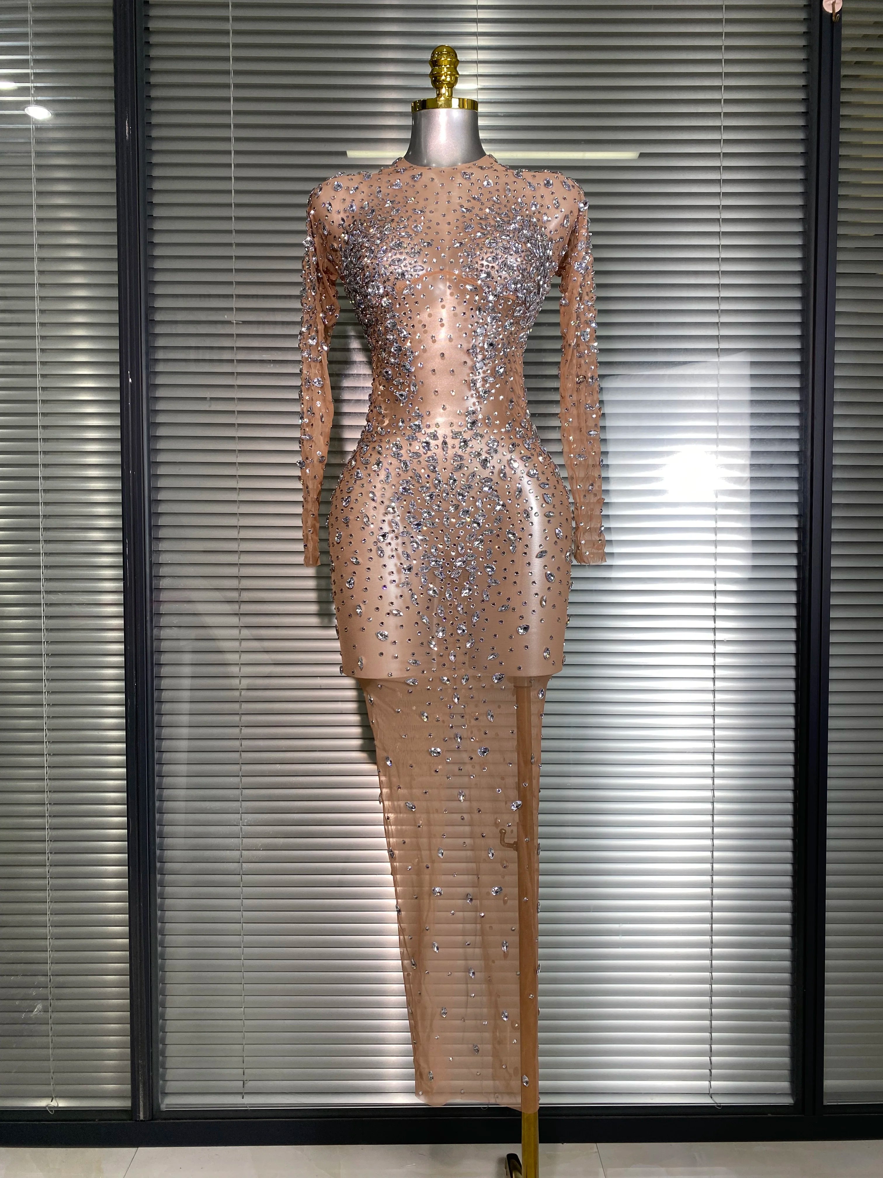 New Women Sexy Long Sleeve Mesh Sequins Maxi Dress See Through Skin Sheer Party Singer Party Costume Stage Performance Dress