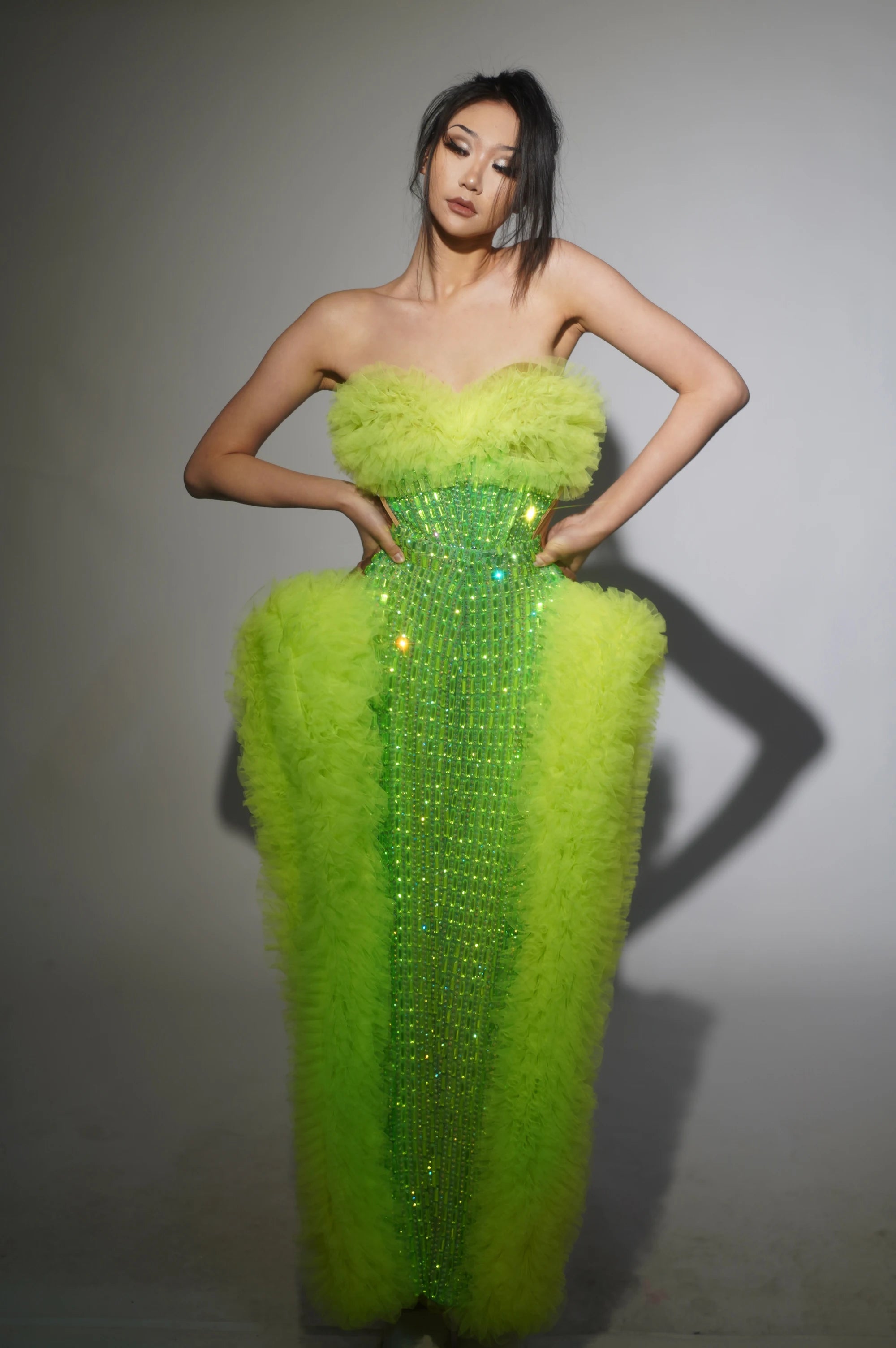 STOCK Women Sexy Mesh Ruffles 2 Pieces Laced-up Ball Gown Long Dress Fashion Nightclub Party Performance Costume Stage Wear