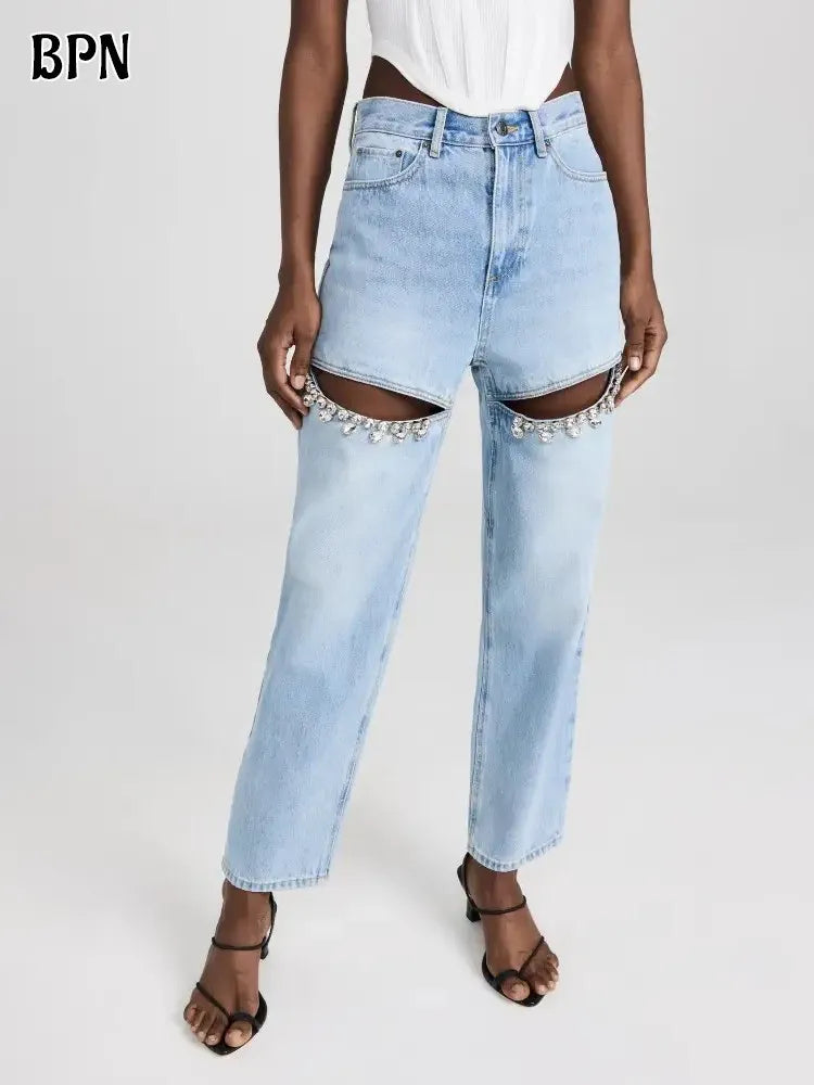 BPN Casual Spliced Diamond Jeans For Women High Waist Hollow Out Solid Loose Wide Leg Denim Pants Female spring Clothing Style