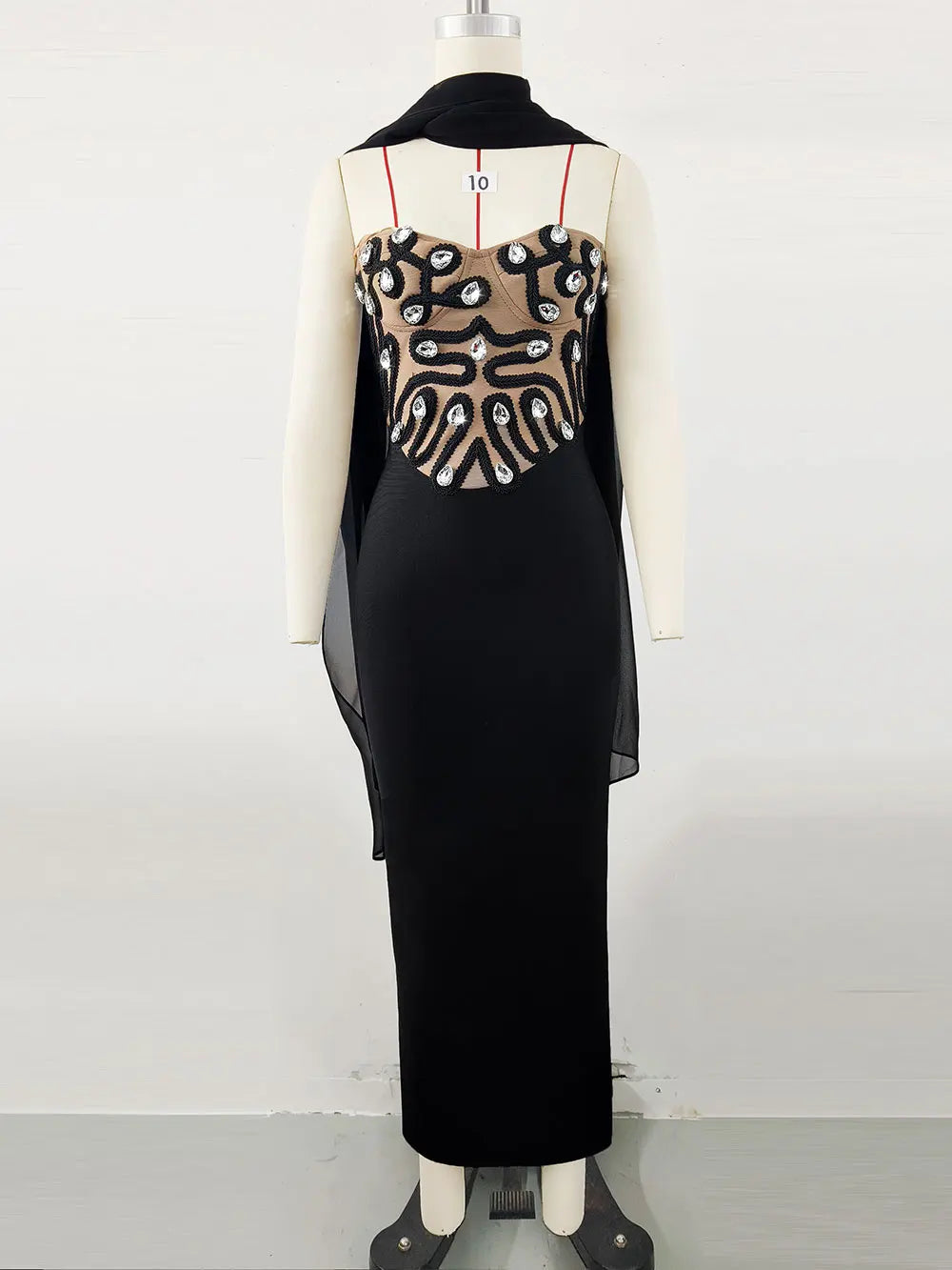 2025 Elegant Women's Light Luxury Nail Bead Patchwork Bandage Dress+Scarf Strapless Sleeveless Bodycon Long Dress Party Vestidos
