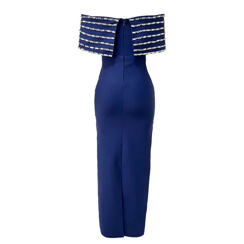 Blue Color Women Sexy Slash Neck Off the Shoulder Shinning Crystal Bodycon Long Bandage Dress Elegant Evening Party Outfit