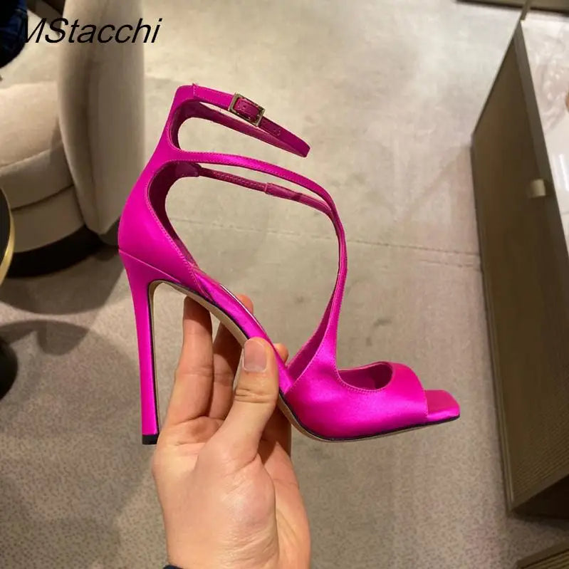 Women's Luxury Sandals Summer Pink Satin Open Toe Stiletto Sandals Concise High Heels Women Pumps Ankle Straps Designer Shoes