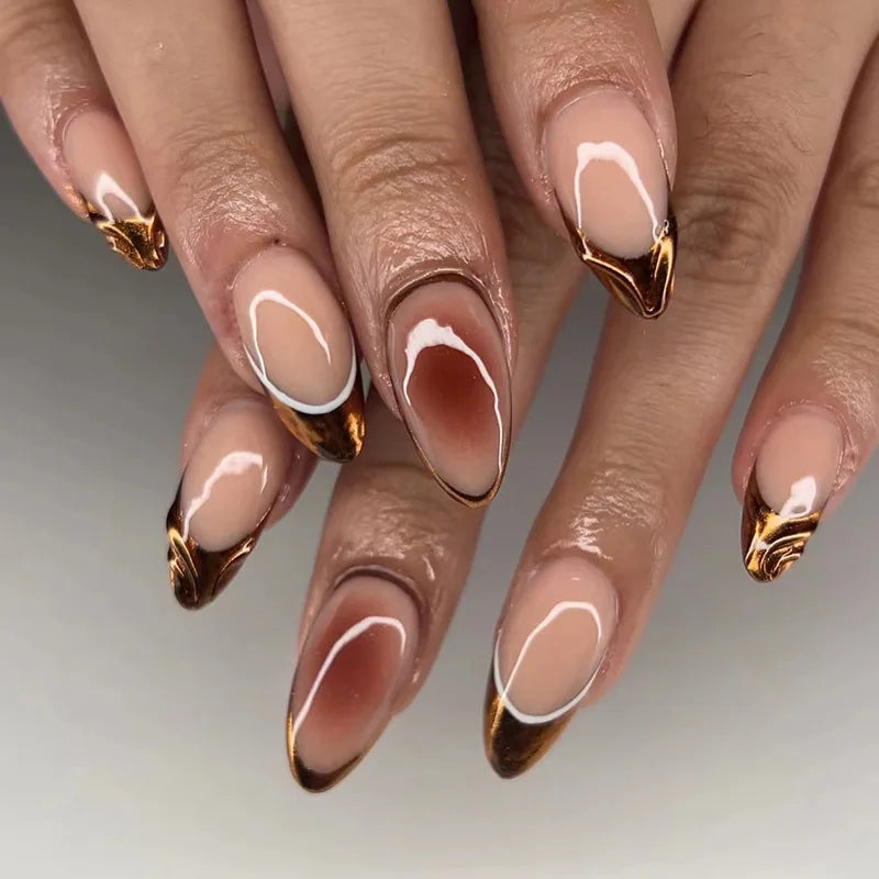 24Pcs 3D Fake Nail Long Almond False Nails with Flower Leopard Print Design Stiletto Detachable Nail Art Tips Press on Nails
