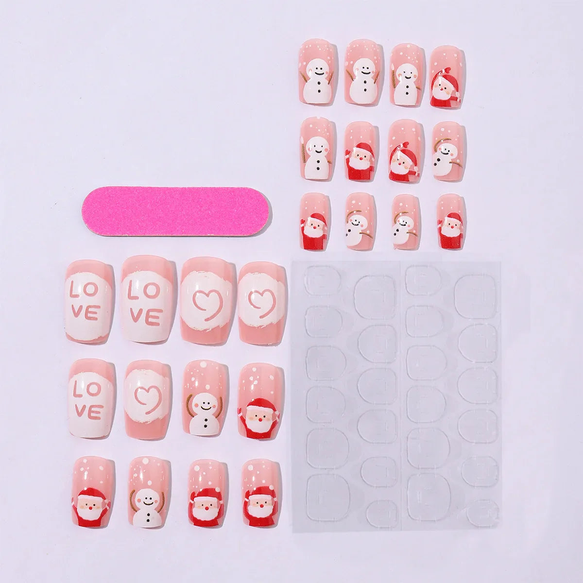 Cartoon Santas/Snowman Christmas Fake Nails 24Pcs Short Square Nude Pink Press On Nails Love Printed New Year Party Nails Art
