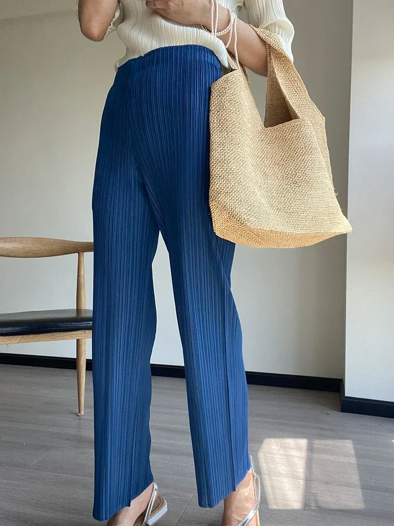 Spring Summer Autumn Women Casual Elegant Ladies Miyake Designer Casual Loose Straight Pleated Pants High Waist Trousers