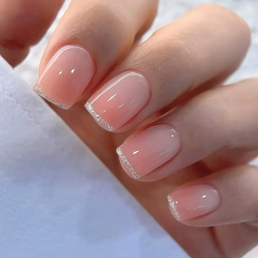 Sweet Girls Blush Pink False Nails 24Pcs Short Square Silver French Press On Nails Nude Color Wearable Fake Nails Patches