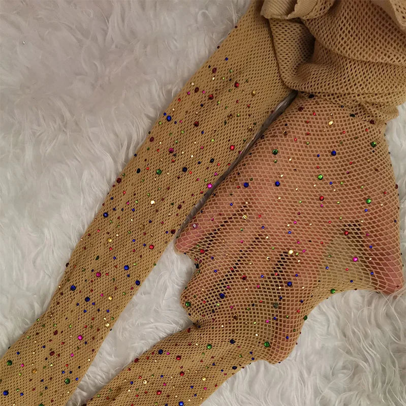 Summer Fishnet Diamond Pantyhose Women Sexy Fashion Shiny Net Tights Female Slim Rhinestone Mesh Nylon Stockings Tights Colorful Skin One Size