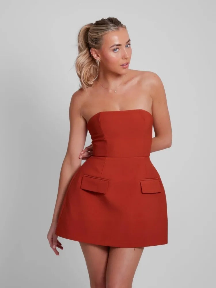 Sexy Solid Strapless Mini Dress For Women Elegant Slim Backless Pockets A-line Dresses Female Chic High Street Vestido Robe