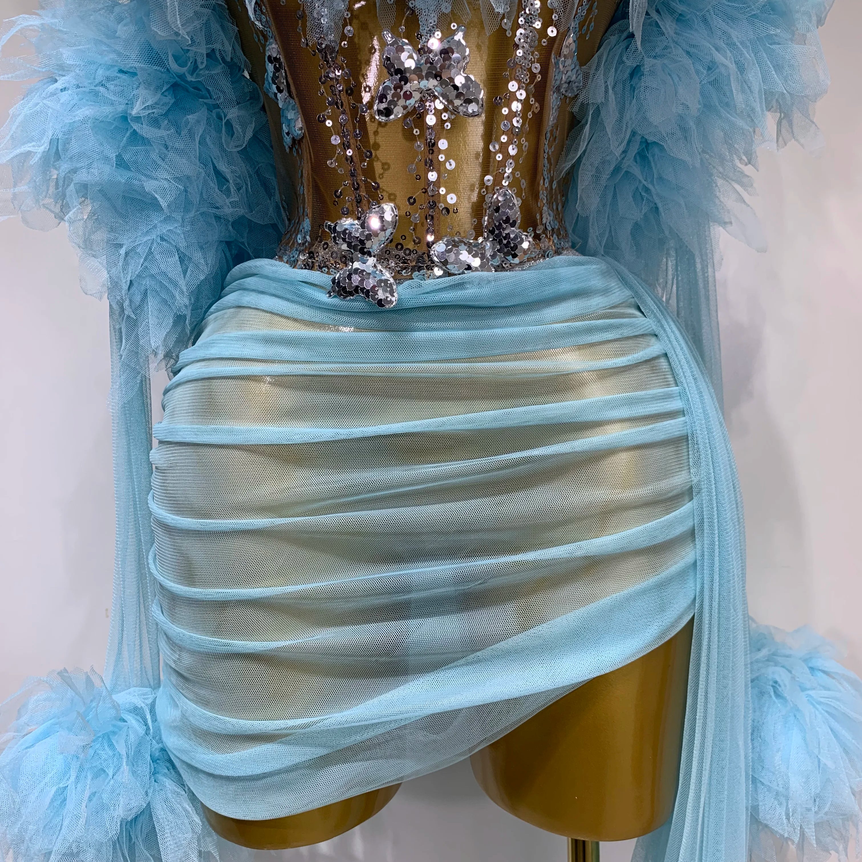 Women Sexy Backless Mesh Transparent Three Pieces Set Performance Dance Costume Nightclub Birthday Photo Shoot Stage Outfit