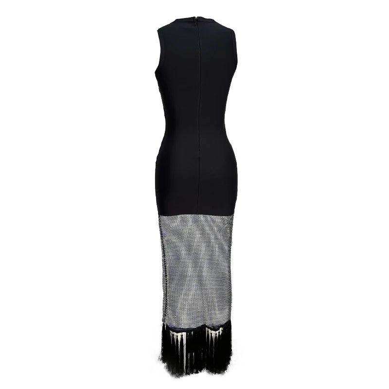 Women Sleeveless Sexy Shinning Rhinestones Tassels Bodycon Long Bandage Dress Nightclub Party Bar Singer Celebrate Stage Wear