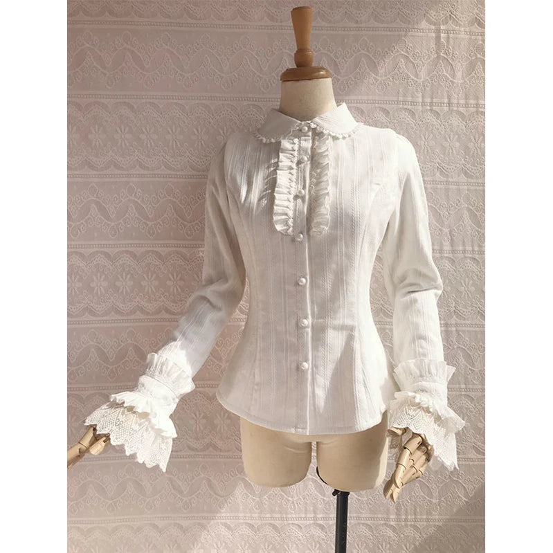 Japanese Preppy White Shirts Women Vintage Victorian Elegant Lace Ruffles Blouses Sweet Lolita Long Sleeve Slim Crop Tops New WHITE