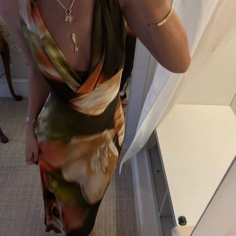 Vestido longo feminino com estampa tie-dye e babados, elegante, gola redonda, slim fit, costas abertas, sexy, vestidos de festa para o verão 2025