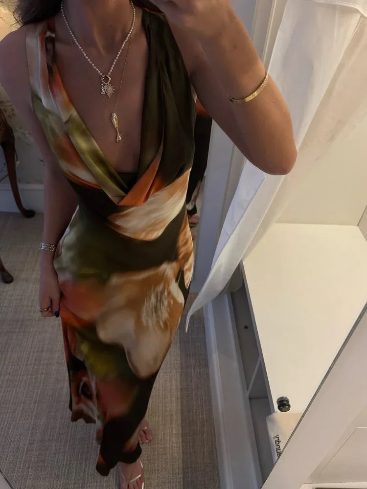 Vestido longo feminino com estampa tie-dye e babados, elegante, gola redonda, slim fit, costas abertas, sexy, vestidos de festa para o verão 2025