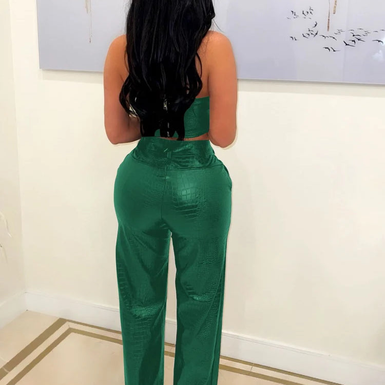 Women's Green Corset Cut-Out Cargo Metallic Jumpsuits PU Leather Matching Set Sexy Clubwear 2 Piece Outfits
