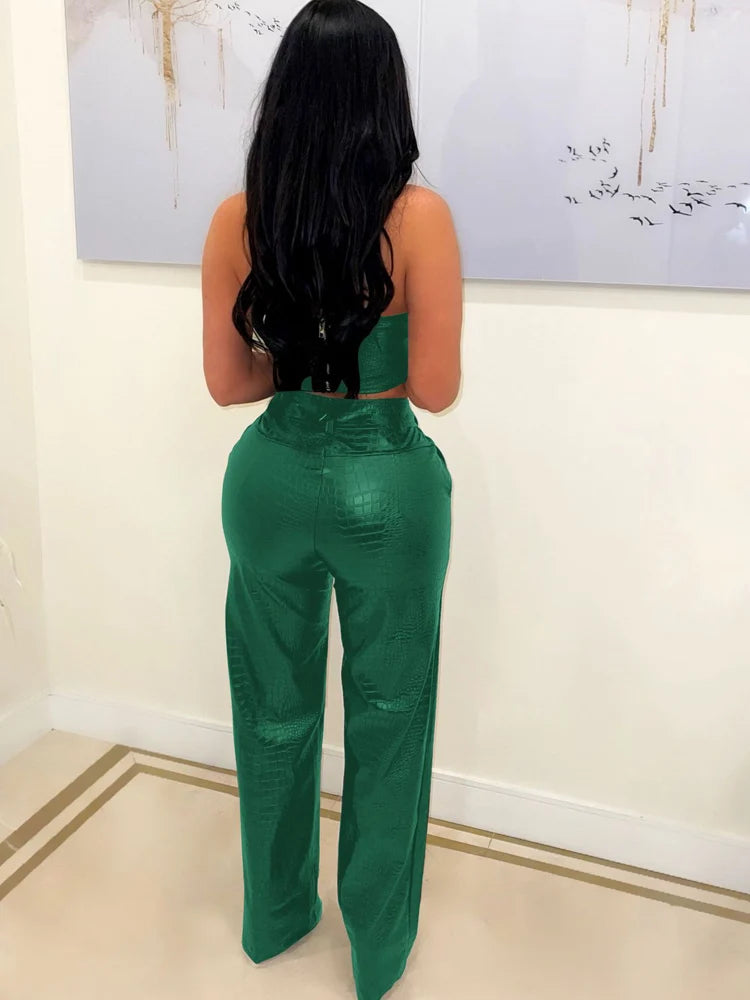 Women's Green Corset Cut-Out Cargo Metallic Jumpsuits PU Leather Matching Set Sexy Clubwear 2 Piece Outfits