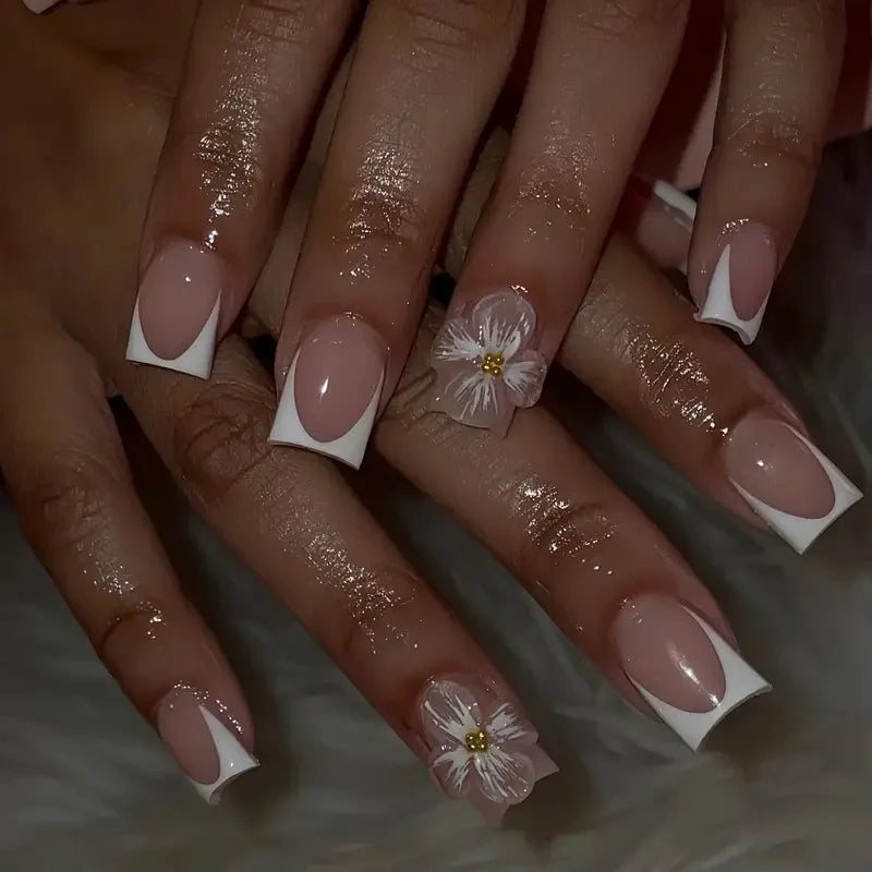 24Pcs Zebra Stripe French 3D Black Bow False Nails Short Square Press on Fake Nails Crocodile Grain Heart Wearable Manicure Tips