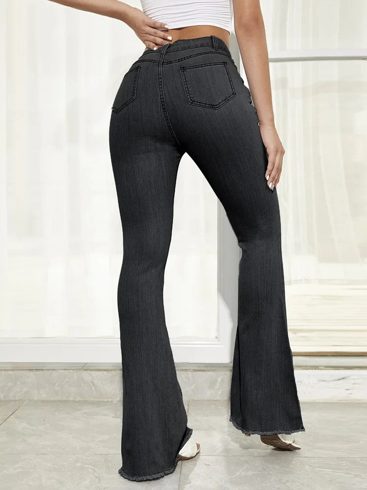 Benuynffy Button Fly Women's Raw Hem Flare Jeans Autumn Fashion Woman Denim Pants Jean Femme High Waist Full Length Slim Jeans