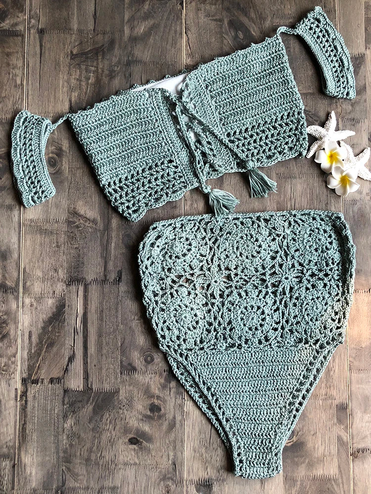 Crochet High Leg Bandeau Bikini Set Swimwear Female Two Pieces Swimsuit High Waist Bikini Women Bathing Suit Biquini 2019 New Lake green