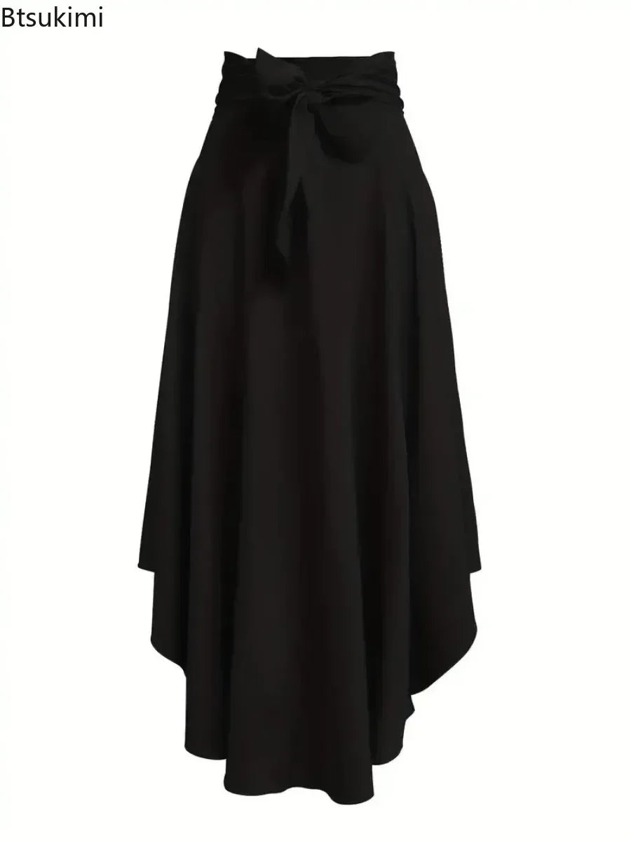 New Women's Fashion Elegant Split Hem Skirts Irregular Design Pleated Maxi Skirt High Waist Solid Lace-up Party Long Dress Femme
