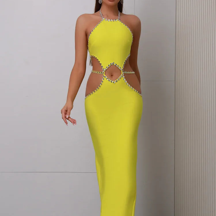 Women Celebrity Sexy Backless Halter Beading Maxi Long Lemon Yellow Bandage Dress Elegant Evening Club Party Dress