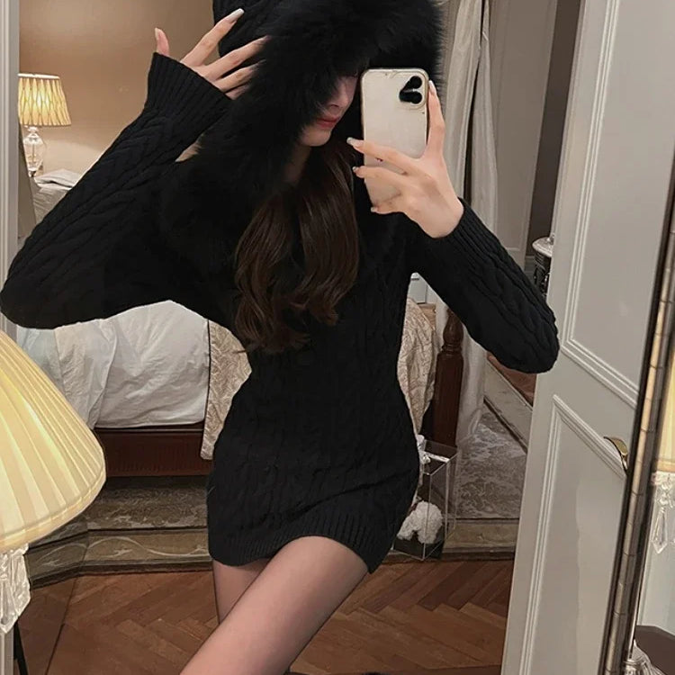 2023 Winter Knitted Sweater Dress with Hooded Women Slim Bodycon Y2k Mini Dress Faux Fur Female One Piece Dress Korean Elegant Black Dress