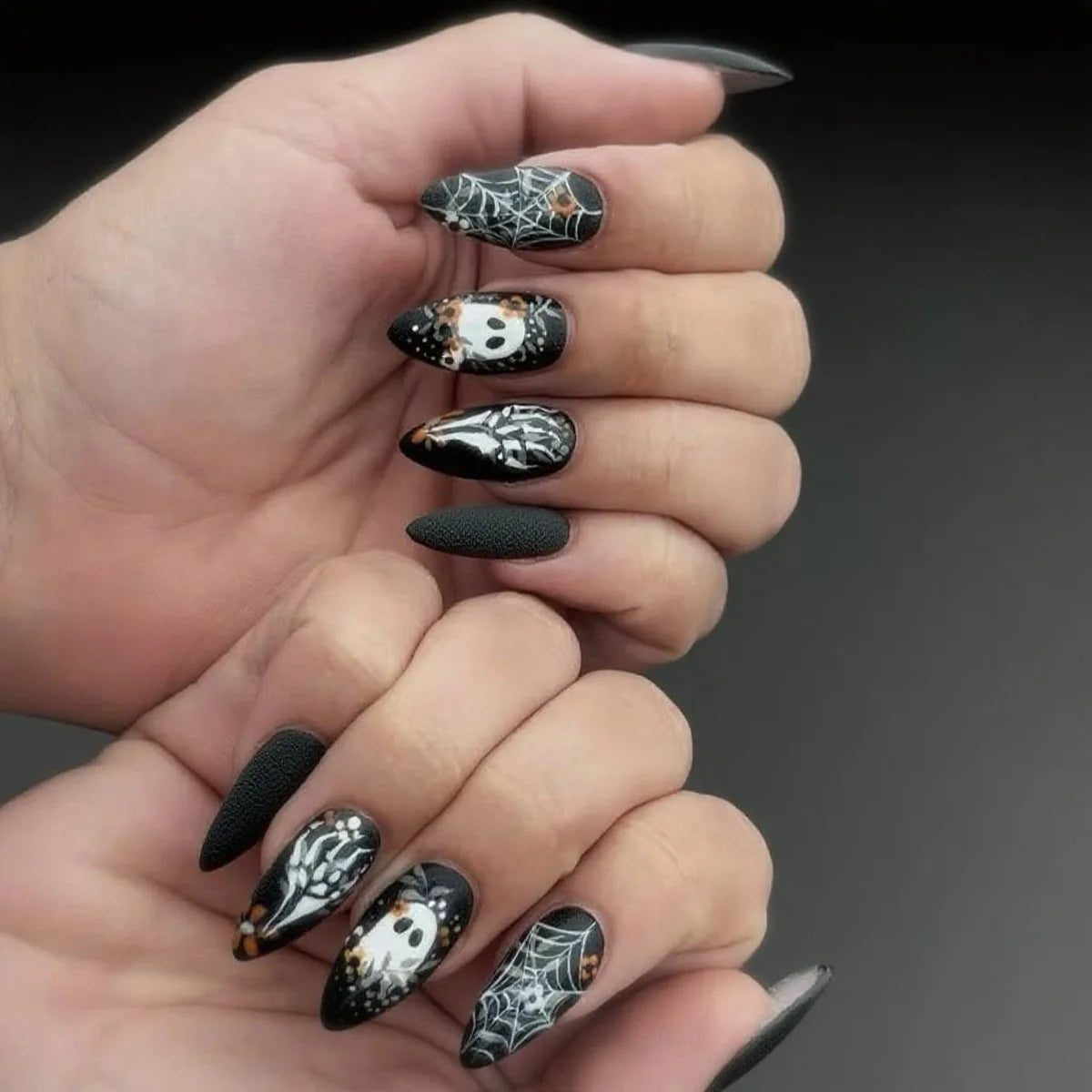 24pcs Halloween Press on Nails Ghost Bat Pattern Design Black Long Almond False Nail Tips for Wemen Detachable Fake Nails Sets
