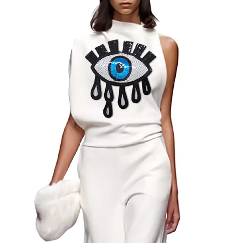 Freeacy Female T-shirt Summer New Stylish Eyes Printed Sleeveless Asymmetrical Tops Women s Daily Casual Streetwaer Shirt