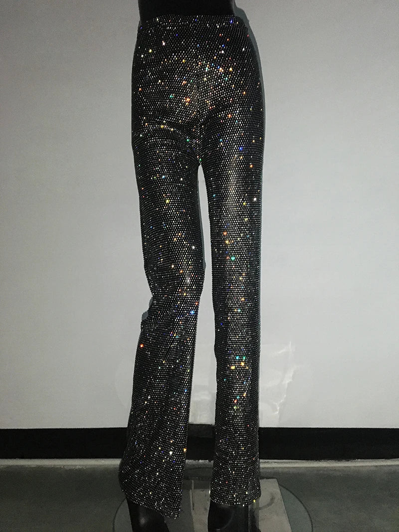 Fashion Sexy Glitter Crystal Diamonds Fishnet Women Pant See Through High Waist Pant Female Loose Hot Girl Party Clubwear Black One Size