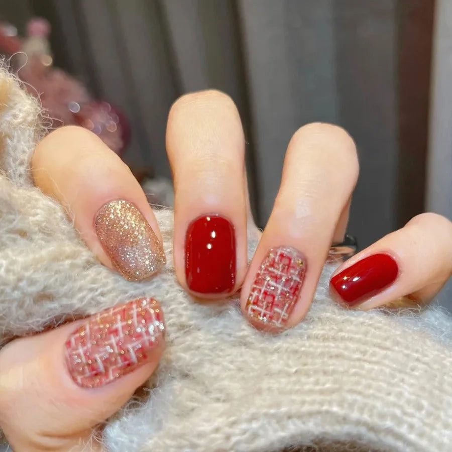 24pcs/set short medium fake nails square ballet tips new year red gradient colors with glitters faux ongles press on false nail