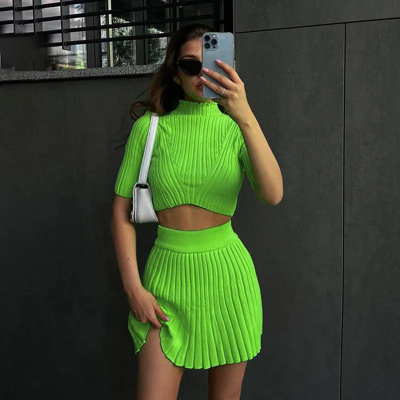 Women's Pit Stripe Knitted 2-Piece Set Short Sleeved High Collar Crop Top+High Waist Pleated Mini Skirt Spring Summer New 2022 Green Set
