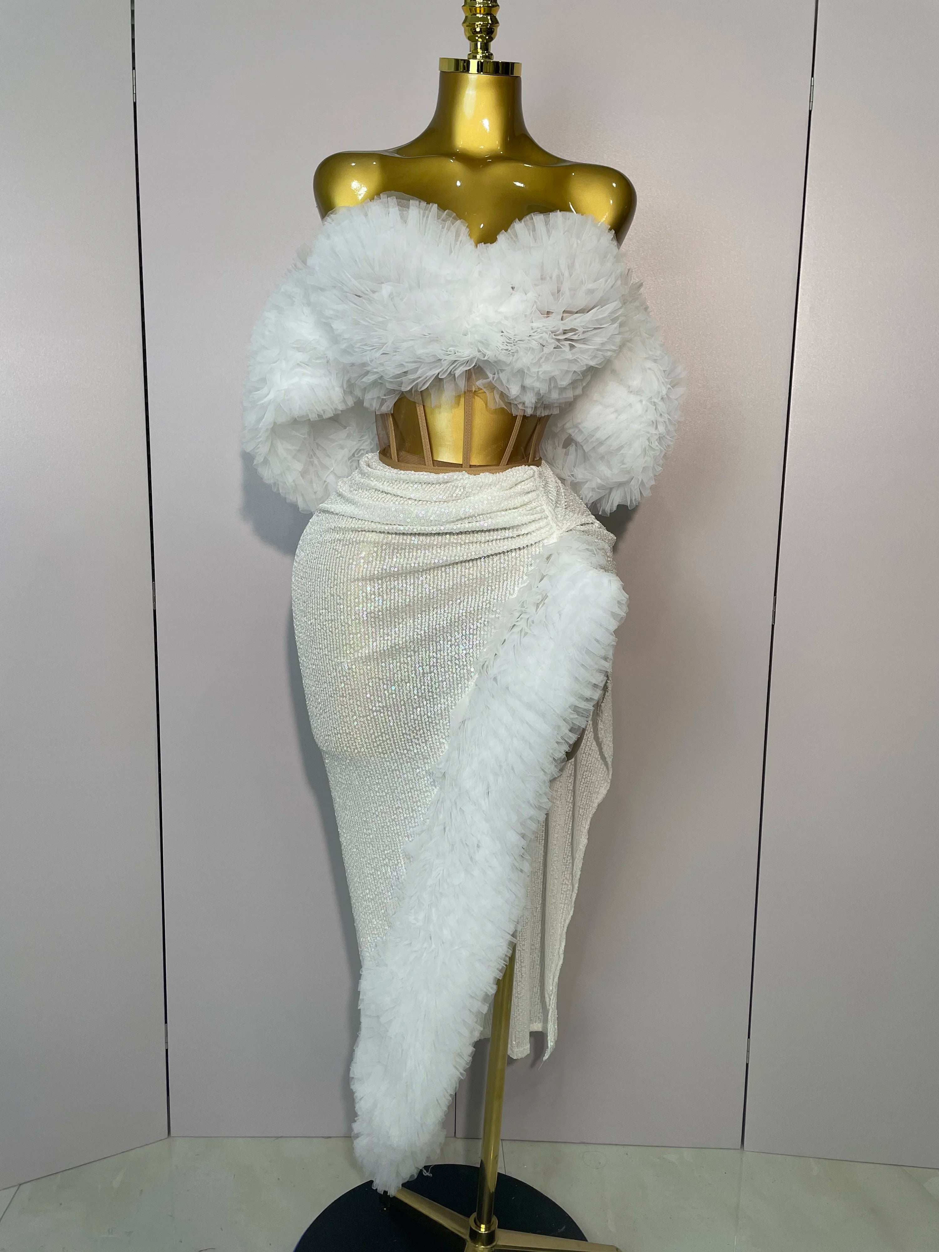 Shiny Sequins Top Short Skirt Two Pieces Set 2025 Women Sexy Celebrate Evening Prom Birthday Party Dress Nightclub Stage Outfit